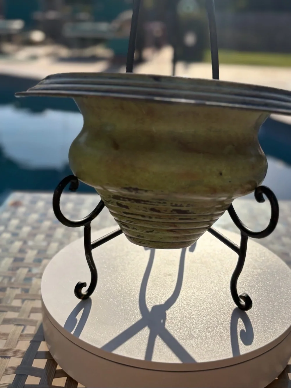 Green Ceramic Hanging Planter with Black Metal Stand